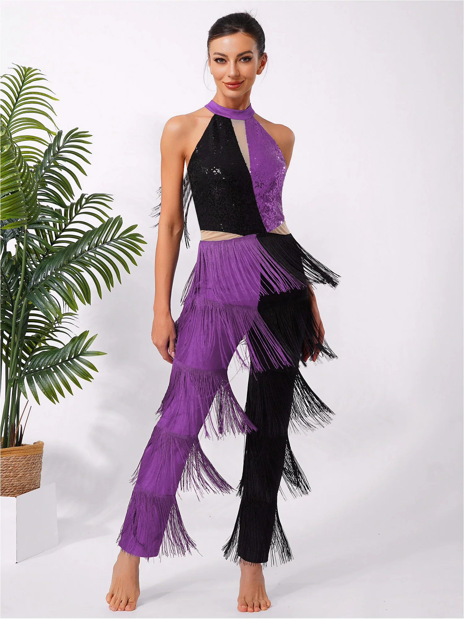 Women Hippie 70s Disco Costume Shiny Sequin Tassel Fringe Pants Retro Party One Piece Jumpsuit Prom Clubwear Latin Dancewear