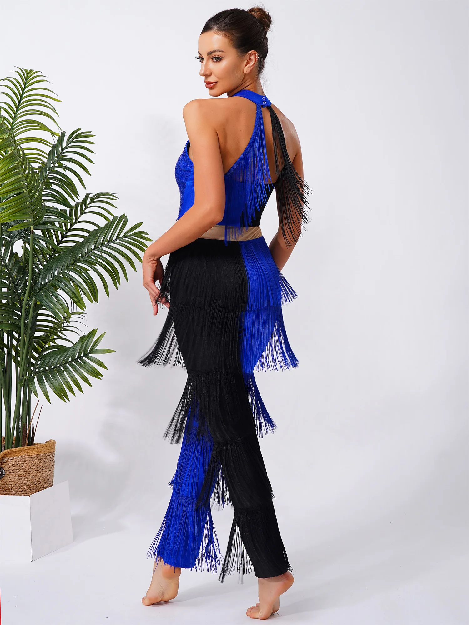 Women Hippie 70s Disco Costume Shiny Sequin Tassel Fringe Pants Retro Party One Piece Jumpsuit Prom Clubwear Latin Dancewear