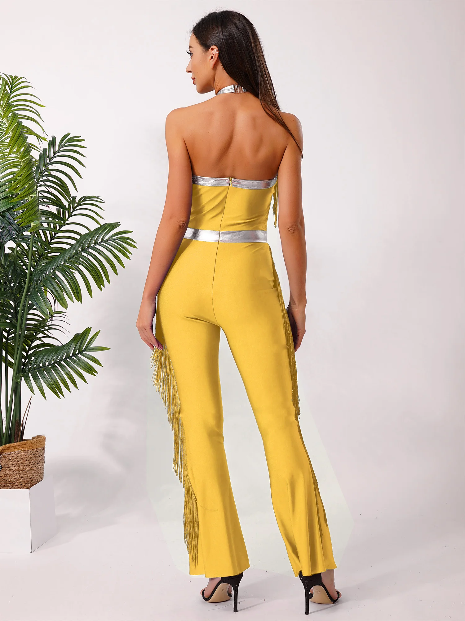 Women Hippie 70s Disco Costume Shiny Sequin Tassel Fringe Pants Retro Party One Piece Jumpsuit Prom Clubwear Latin Dancewear