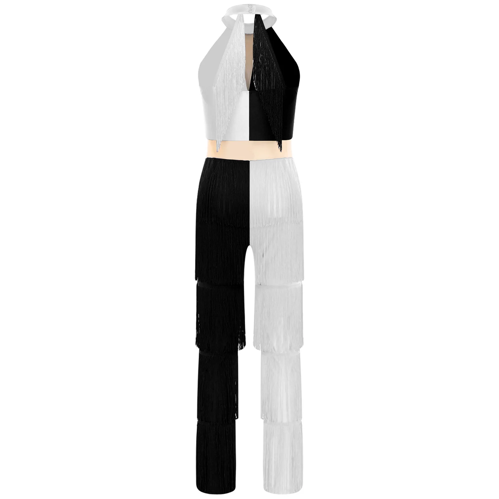 Women Hippie 70s Disco Costume Shiny Sequin Tassel Fringe Pants Retro Party One Piece Jumpsuit Prom Clubwear Latin Dancewear