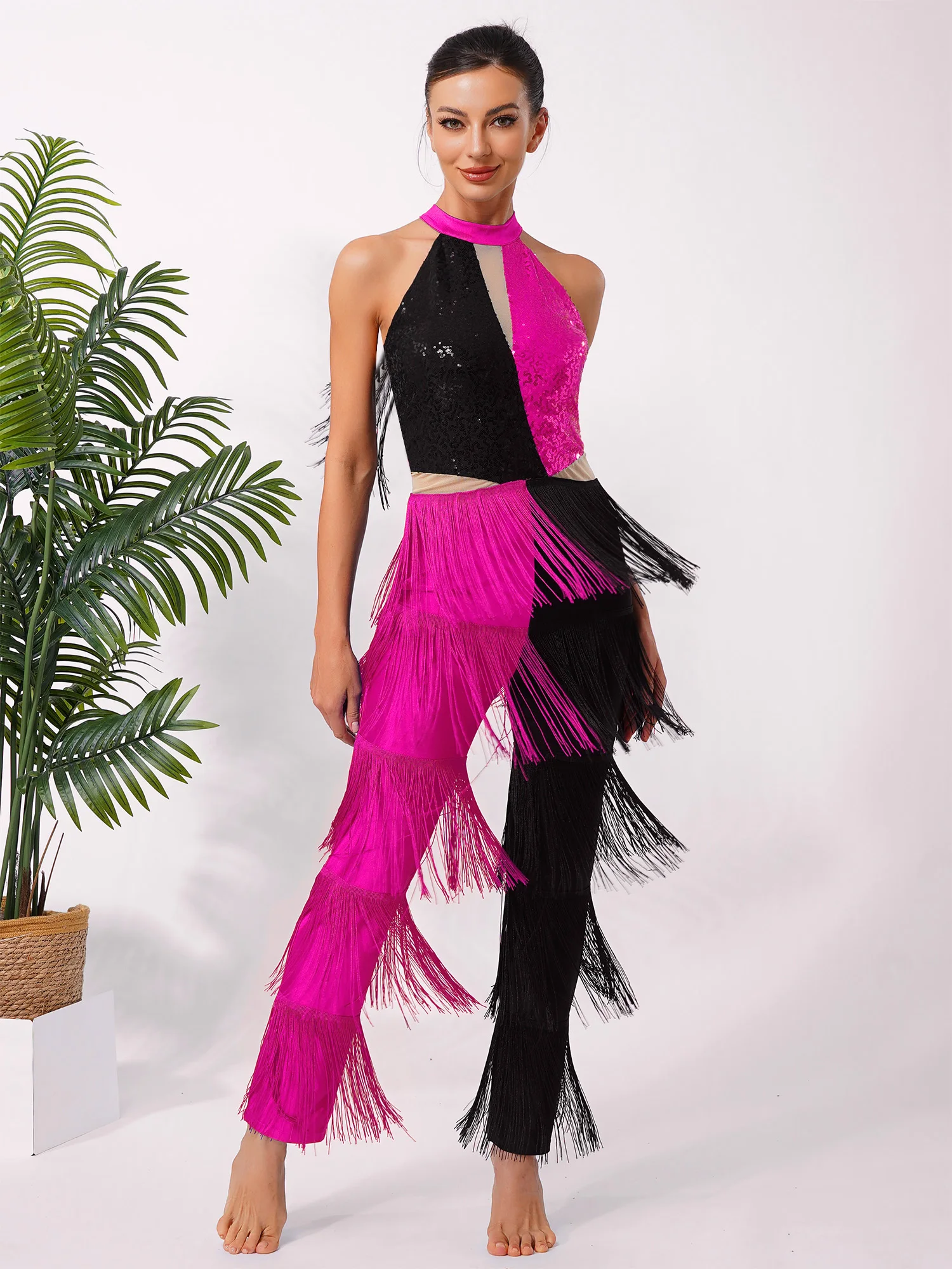 Women Hippie 70s Disco Costume Shiny Sequin Tassel Fringe Pants Retro Party One Piece Jumpsuit Prom Clubwear Latin Dancewear