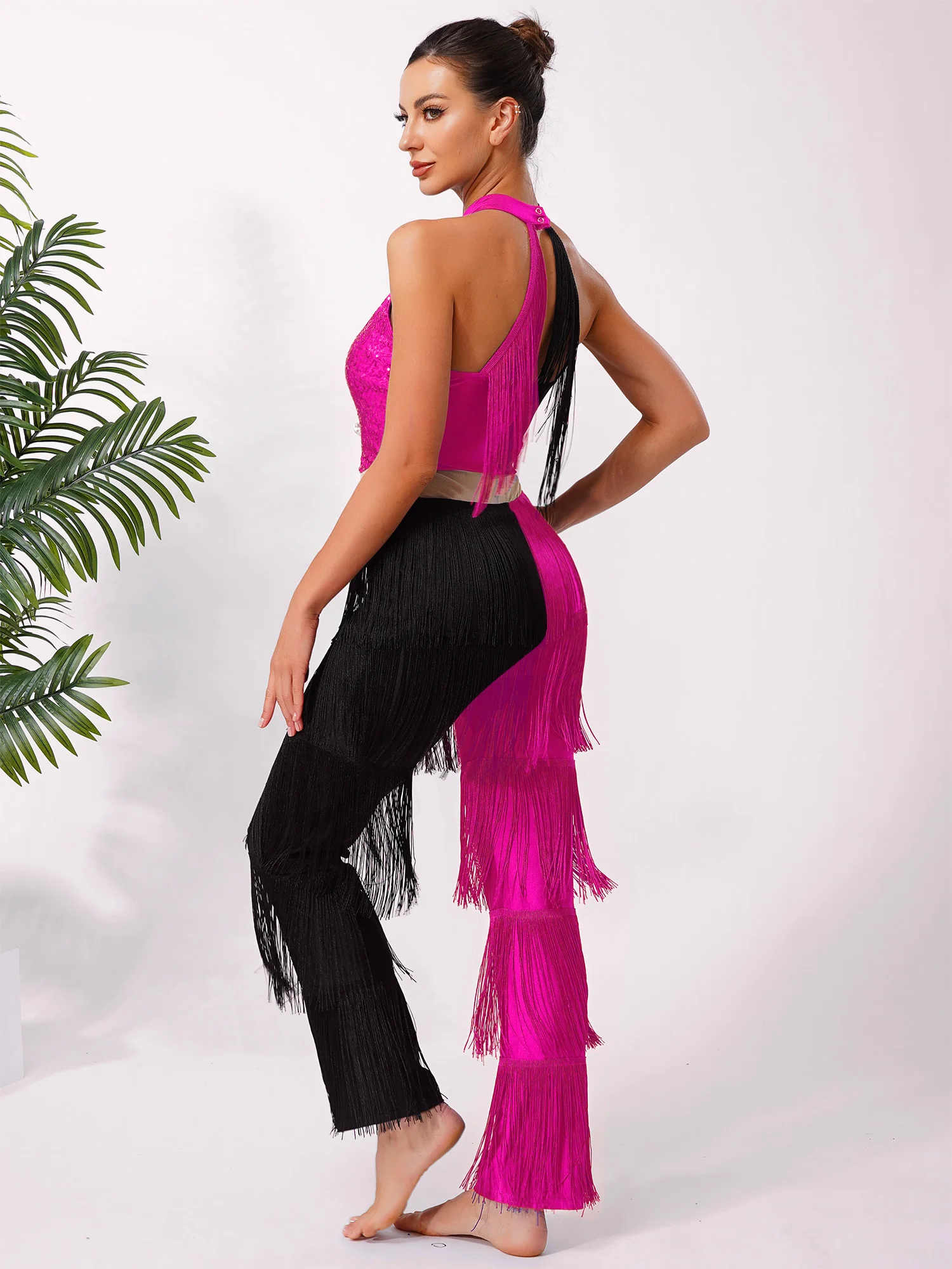 Women Hippie 70s Disco Costume Shiny Sequin Tassel Fringe Pants Retro Party One Piece Jumpsuit Prom Clubwear Latin Dancewear