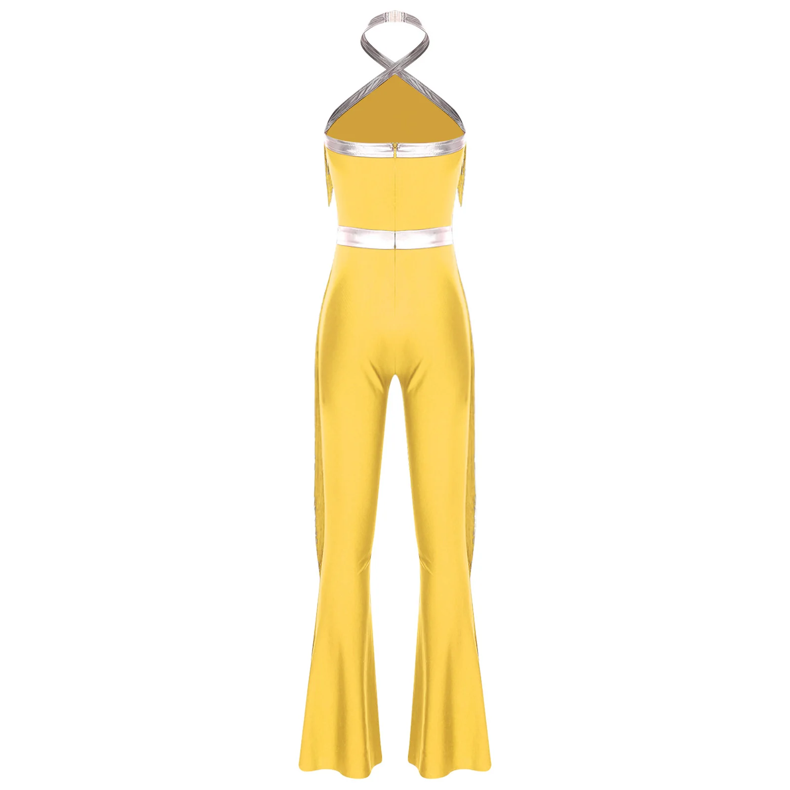 Women Hippie 70s Disco Costume Shiny Sequin Tassel Fringe Pants Retro Party One Piece Jumpsuit Prom Clubwear Latin Dancewear
