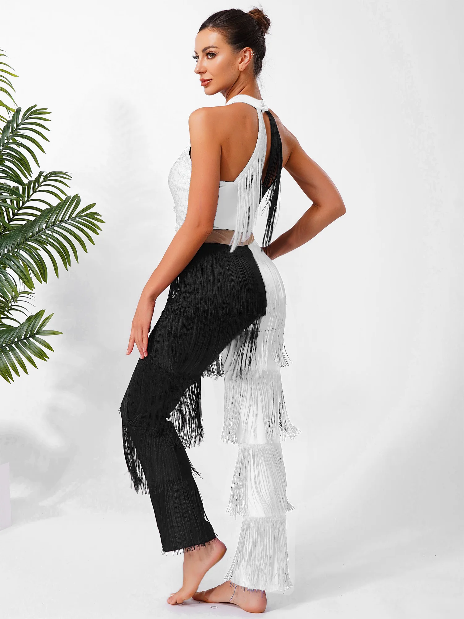 Women Hippie 70s Disco Costume Shiny Sequin Tassel Fringe Pants Retro Party One Piece Jumpsuit Prom Clubwear Latin Dancewear