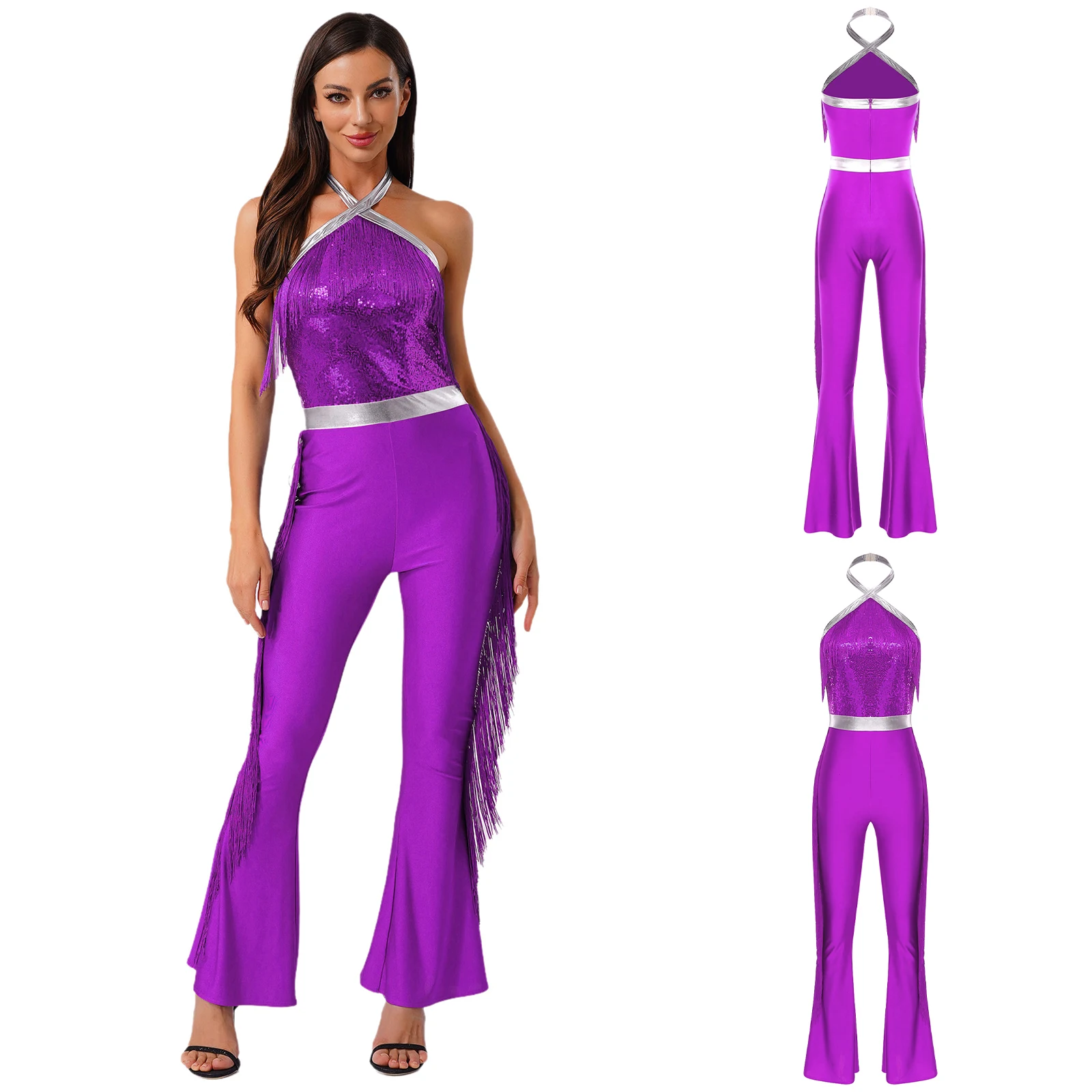 Women Hippie 70s Disco Costume Shiny Sequin Tassel Fringe Pants Retro Party One Piece Jumpsuit Prom Clubwear Latin Dancewear