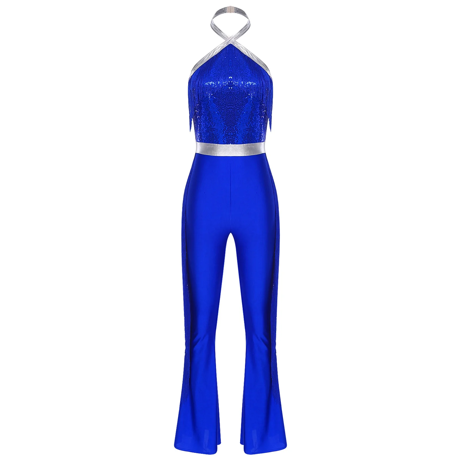 Women Hippie 70s Disco Costume Shiny Sequin Tassel Fringe Pants Retro Party One Piece Jumpsuit Prom Clubwear Latin Dancewear