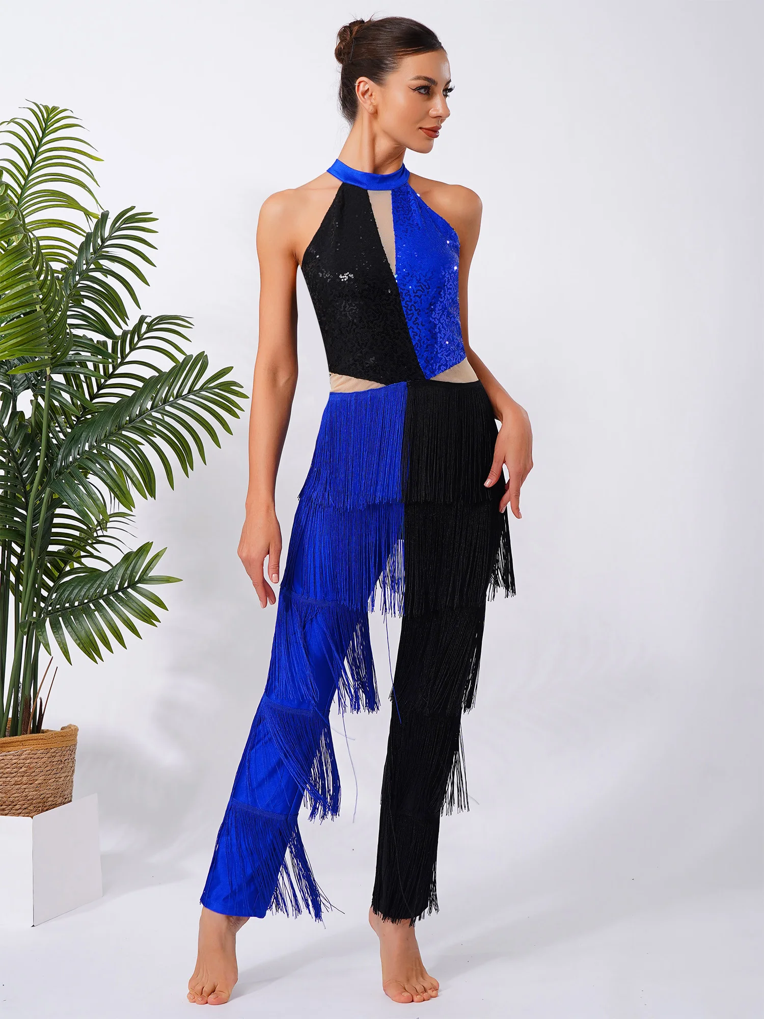 Women Hippie 70s Disco Costume Shiny Sequin Tassel Fringe Pants Retro Party One Piece Jumpsuit Prom Clubwear Latin Dancewear
