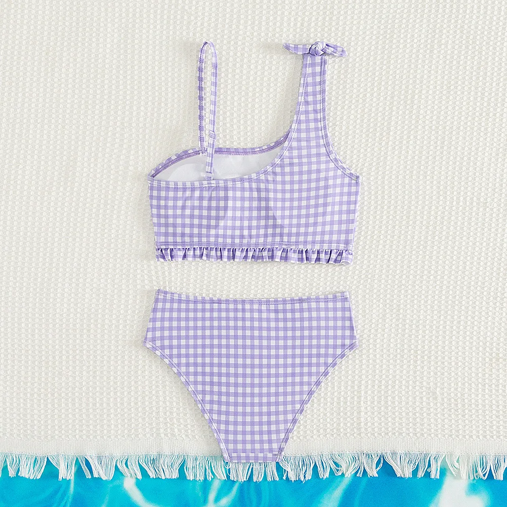 New Summer Kids Split Swimsuit for Girls Bikini Sets 5-14 Years High Waist Purple Plaid Girl Swimwear Bathing Suit