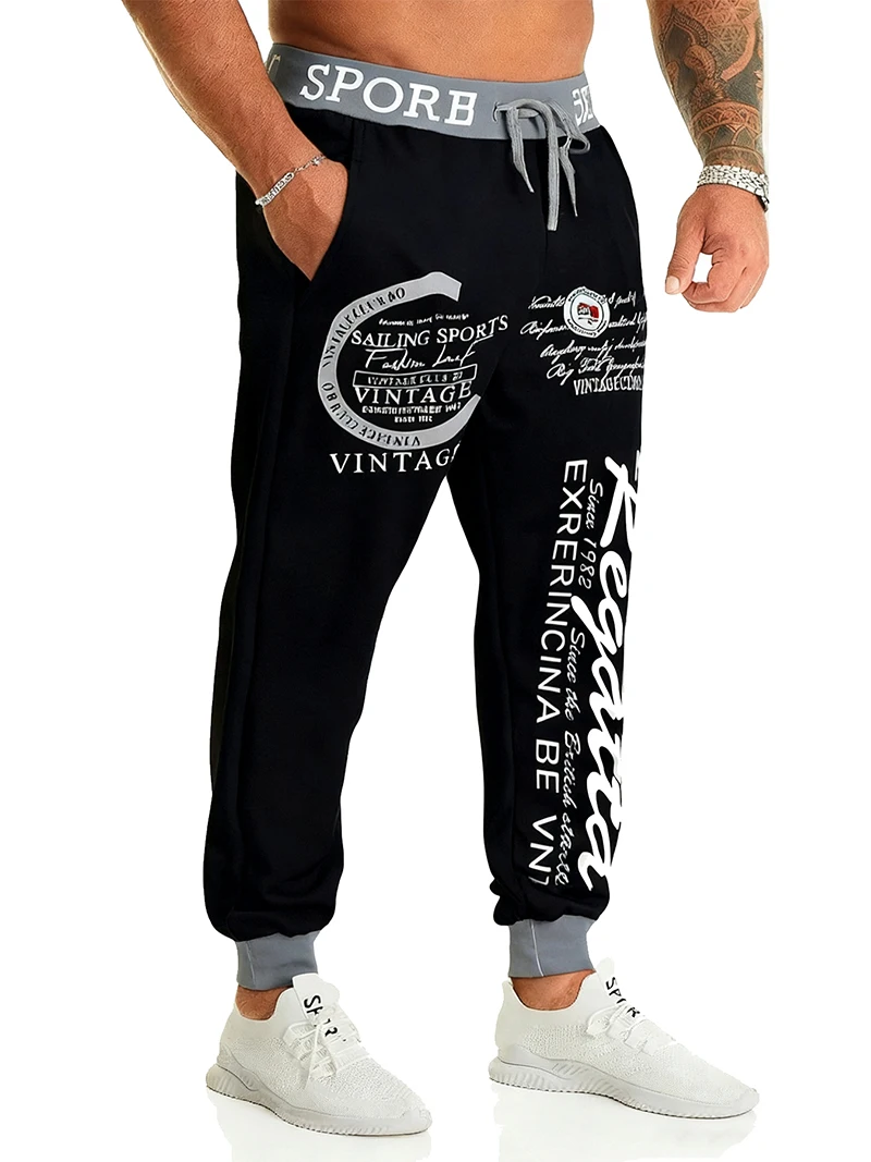 Letter Graphic Print Sweatpants for Men Hip Hop Joggers Sports Athletic Pants for Workout Casual Elastic Waist Lounge Trousers