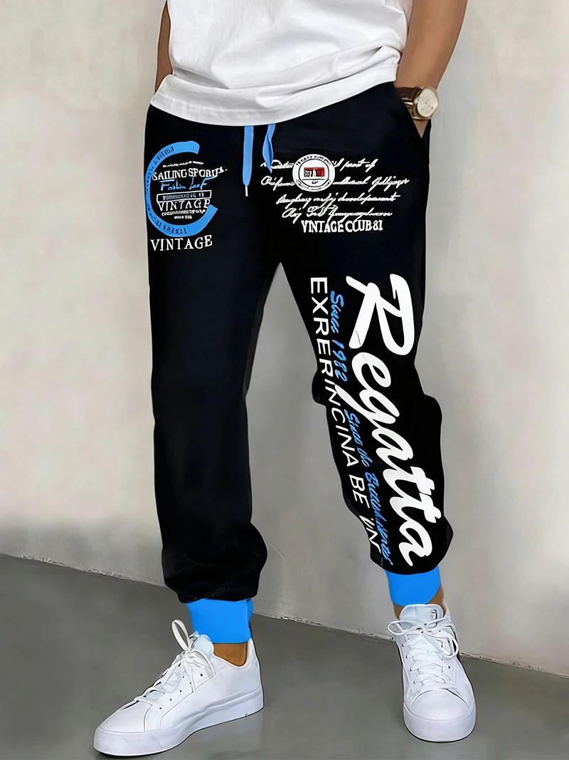 Letter Graphic Print Sweatpants for Men Hip Hop Joggers Sports Athletic Pants for Workout Casual Elastic Waist Lounge Trousers