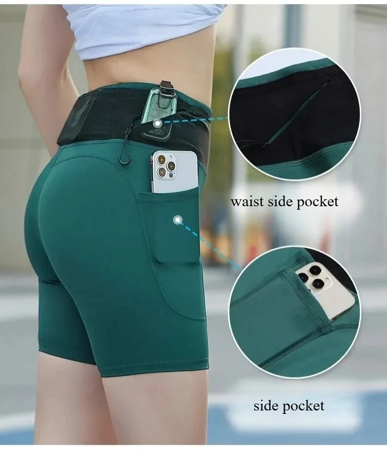 Summer Sports Workout Running Shorts with Pockets Women Compression Yoga Shorts Fitness Gym High Elastic Training Sportwear