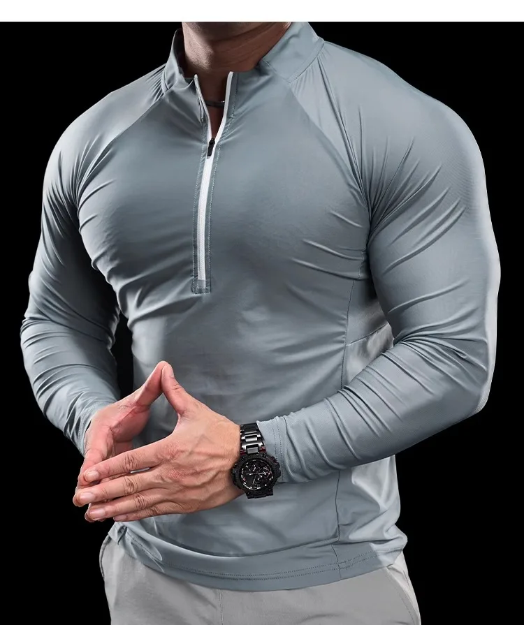 2024 New Men Sports T-shirt Gym Fitness Tops Running Training Clothes Autumn Round Neck Quick-drying Breathable Long Sleeves