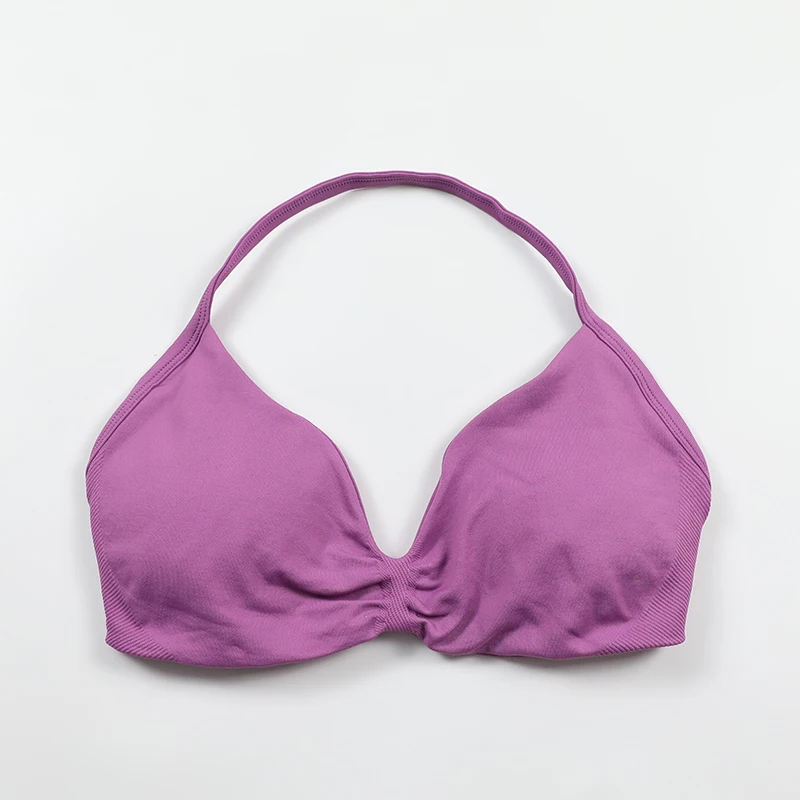 No Logo V-Neck Women's Low Support Ruched Halter Sports Bra Sexy Open Back Gym Crop Top Padded Seamless Workout Yoga Tank Tops