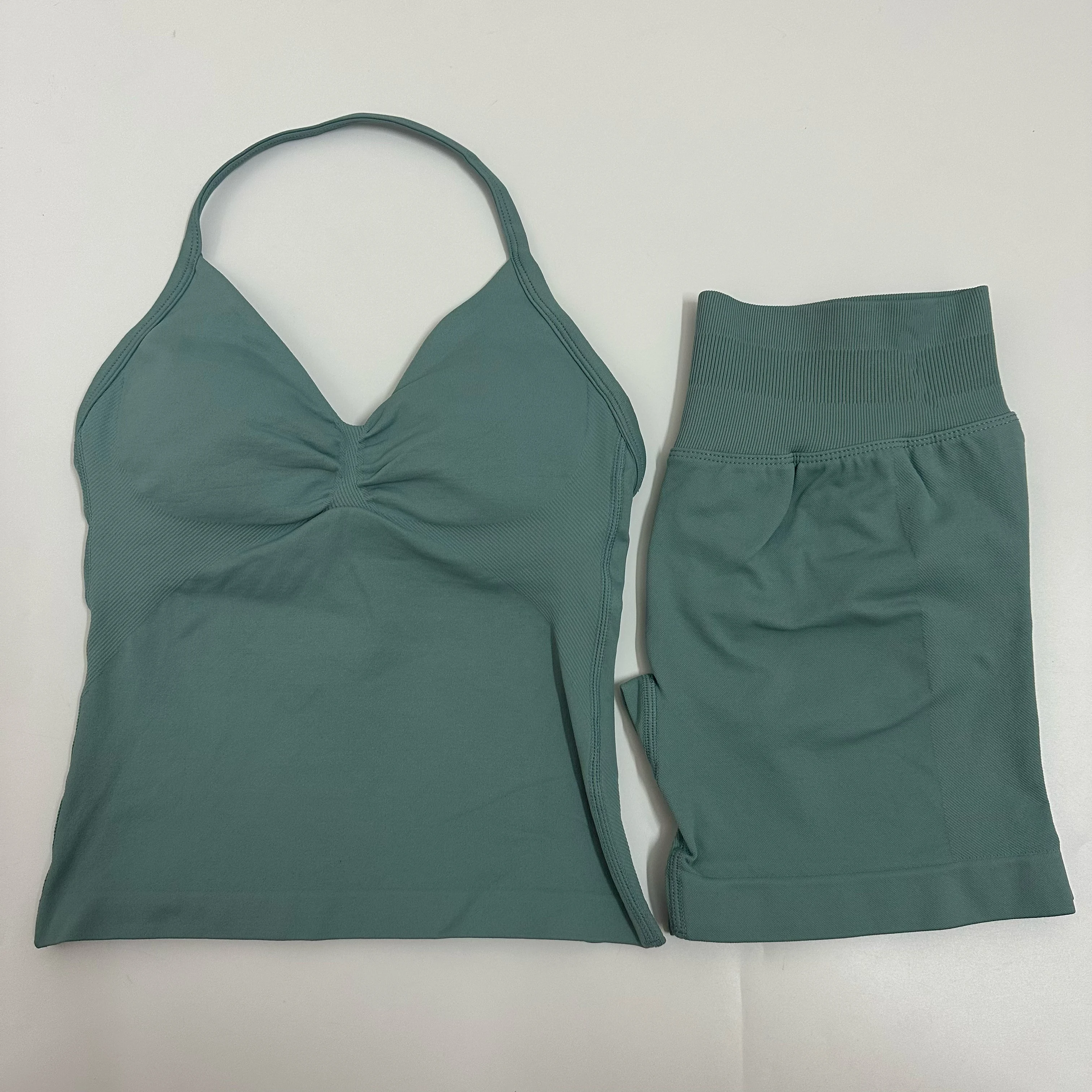 Women Yoga Set Seamless Yoga Longline Strappy Tank Top Scrunch Sports Shorts Gym Clothes Woman Summer Workout Outfit