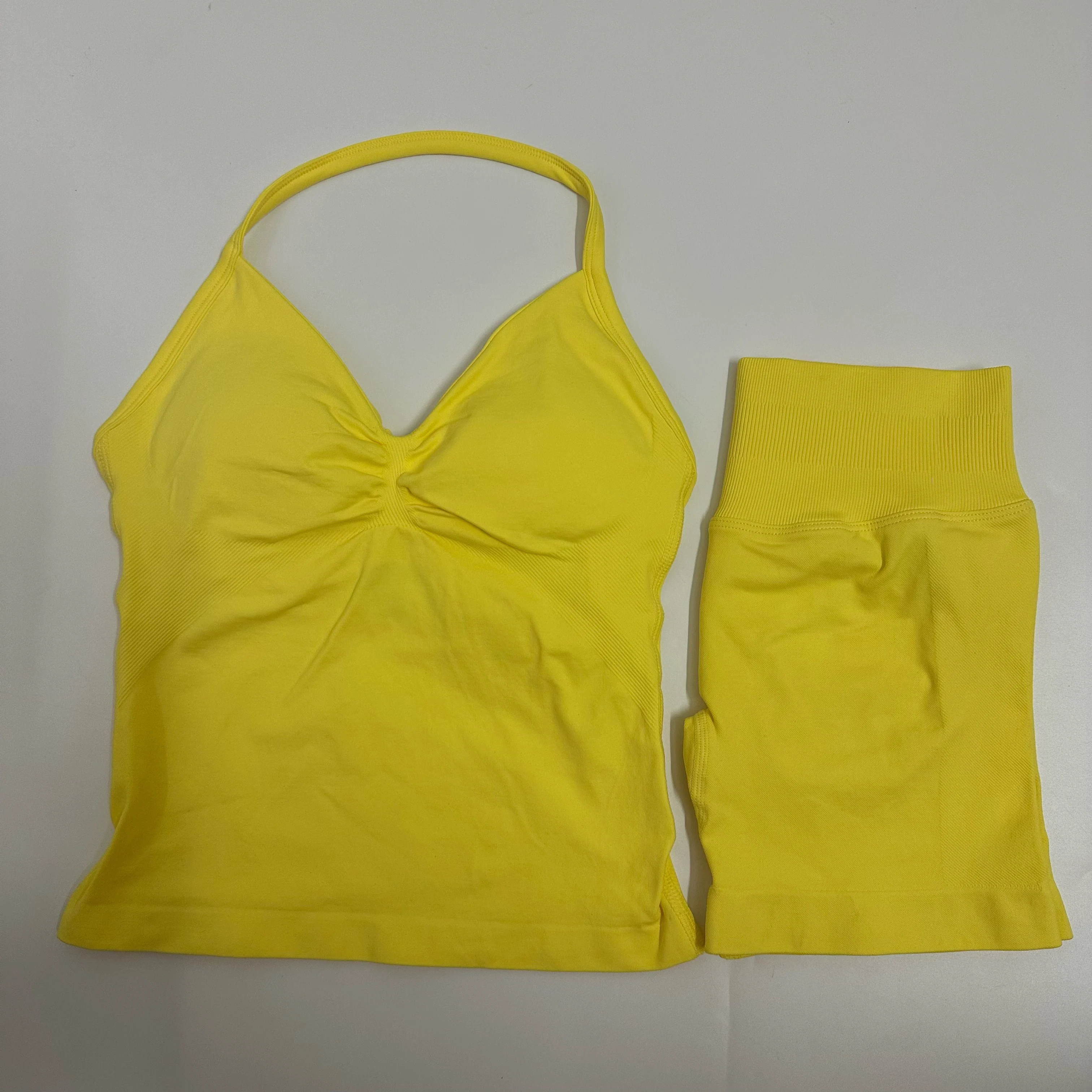 Women Yoga Set Seamless Yoga Longline Strappy Tank Top Scrunch Sports Shorts Gym Clothes Woman Summer Workout Outfit