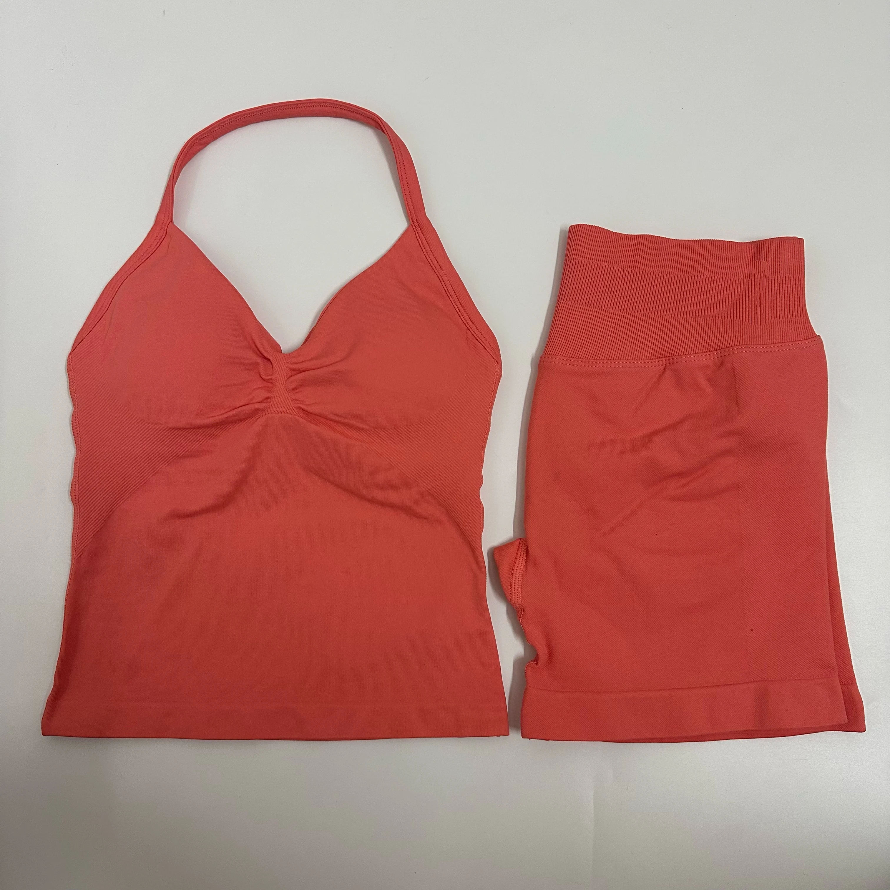 Women Yoga Set Seamless Yoga Longline Strappy Tank Top Scrunch Sports Shorts Gym Clothes Woman Summer Workout Outfit