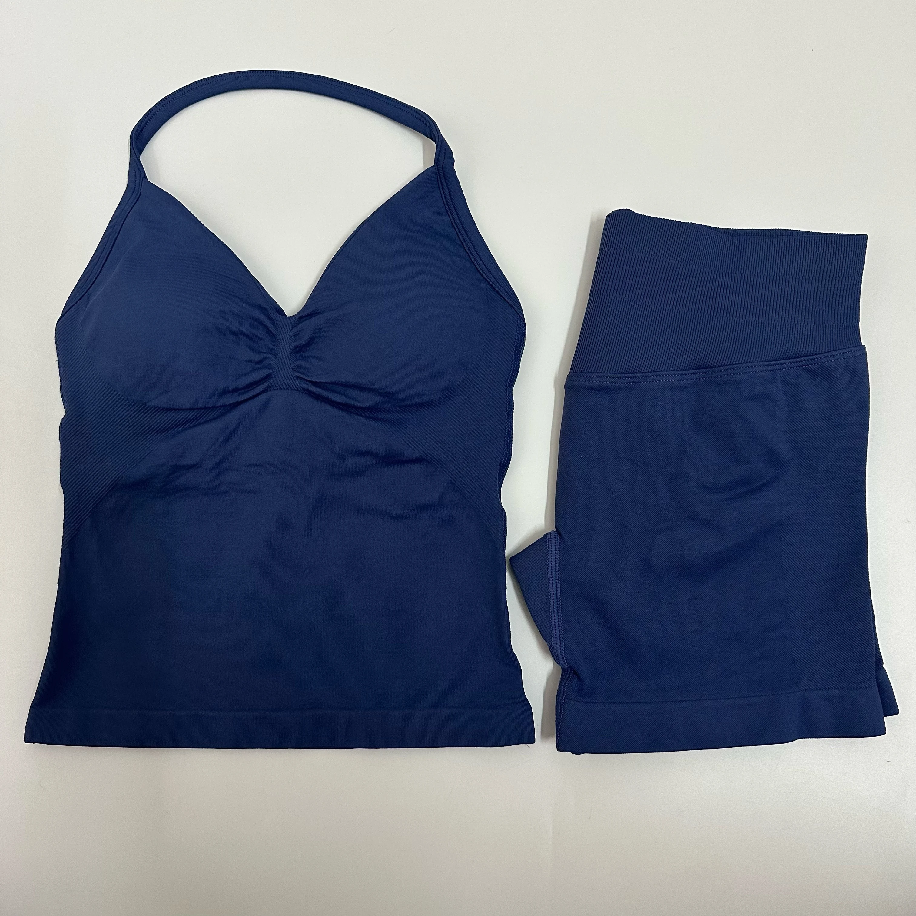 Women Yoga Set Seamless Yoga Longline Strappy Tank Top Scrunch Sports Shorts Gym Clothes Woman Summer Workout Outfit