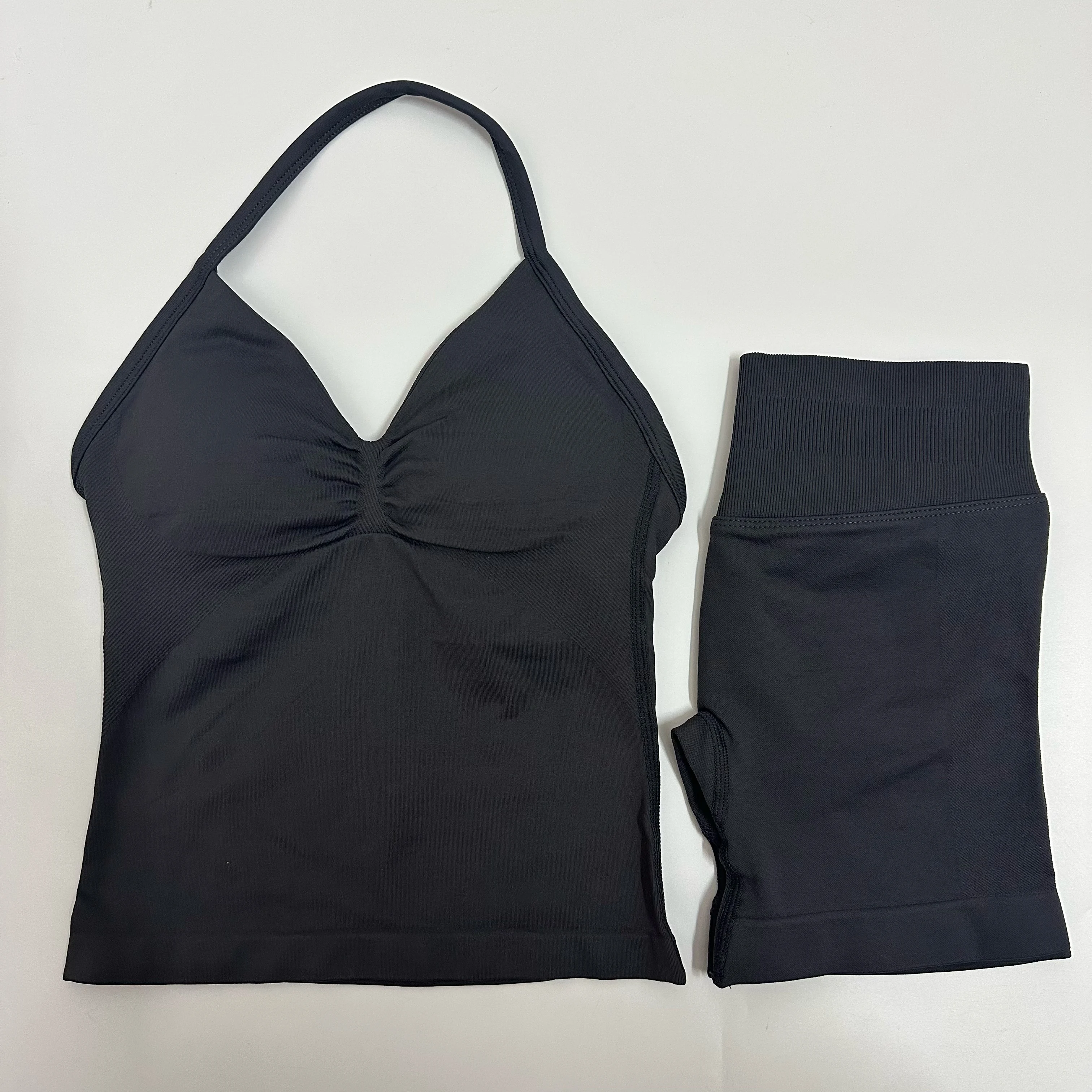 Women Yoga Set Seamless Yoga Longline Strappy Tank Top Scrunch Sports Shorts Gym Clothes Woman Summer Workout Outfit
