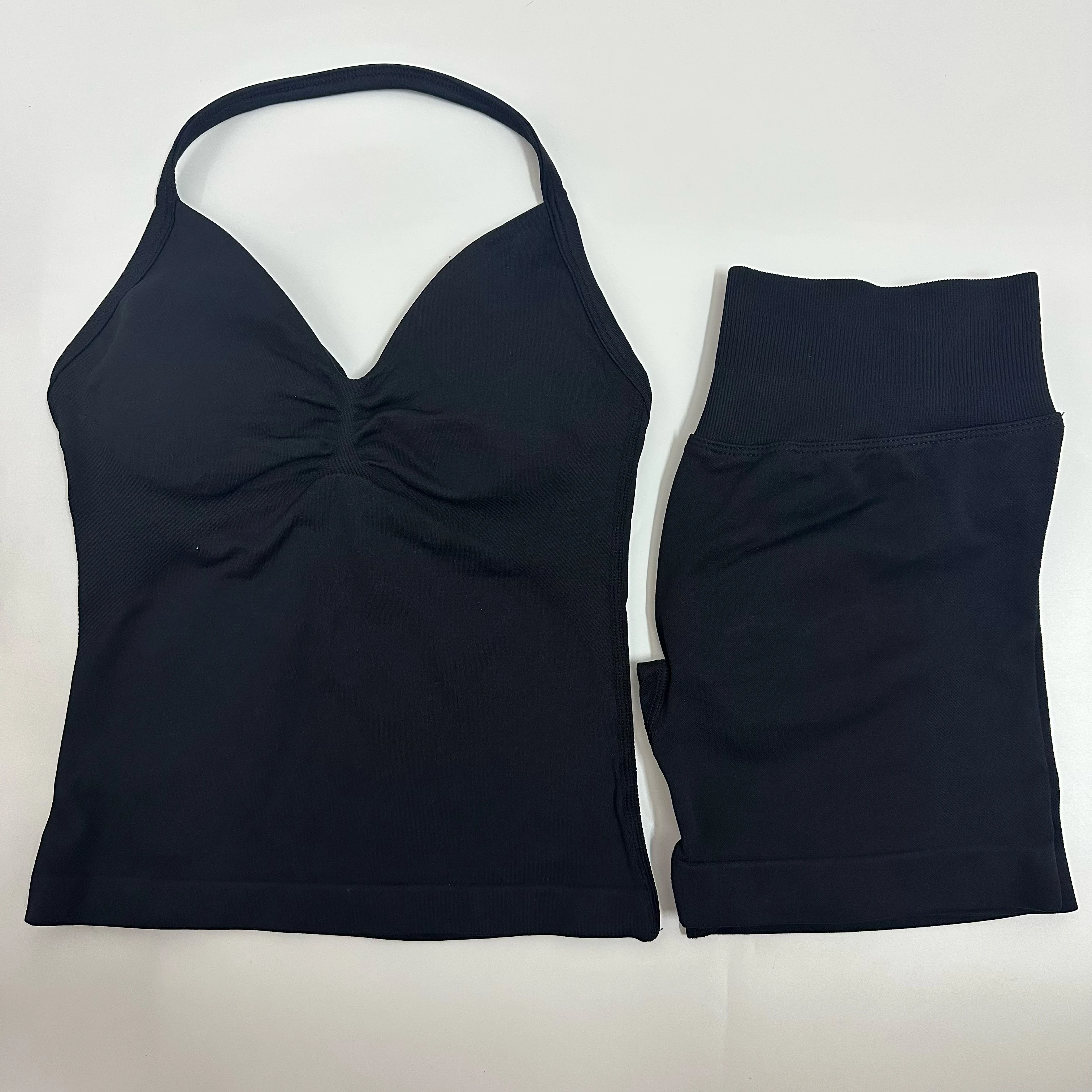 Women Yoga Set Seamless Yoga Longline Strappy Tank Top Scrunch Sports Shorts Gym Clothes Woman Summer Workout Outfit