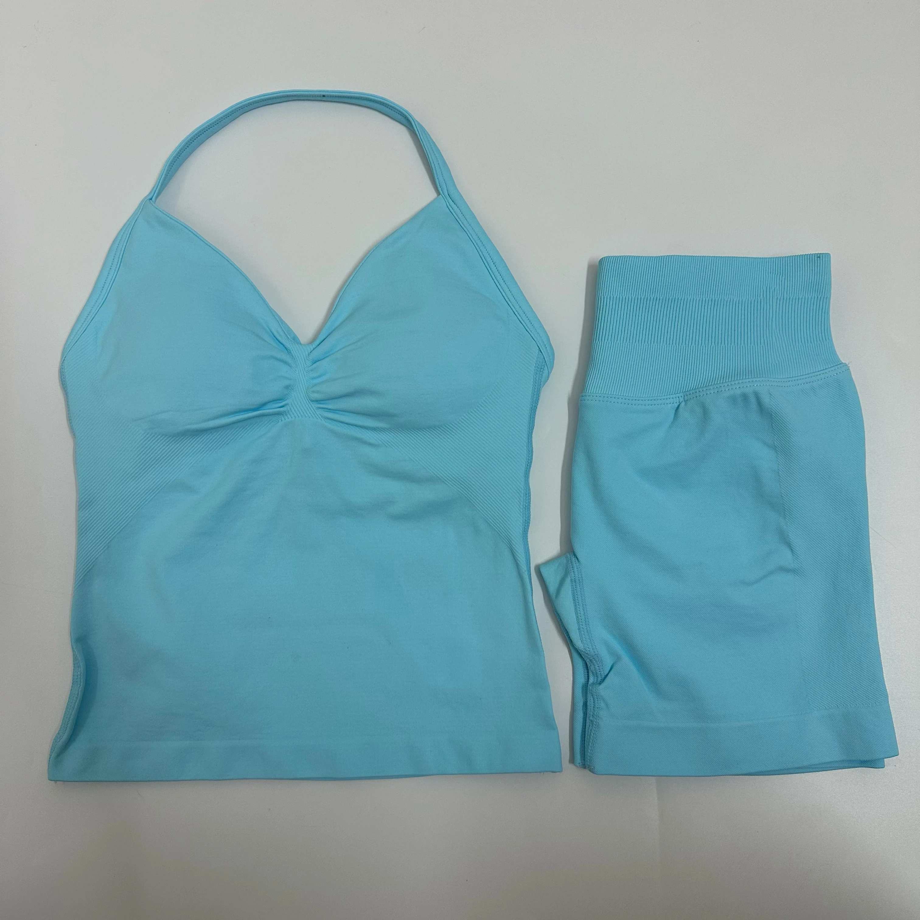Women Yoga Set Seamless Yoga Longline Strappy Tank Top Scrunch Sports Shorts Gym Clothes Woman Summer Workout Outfit