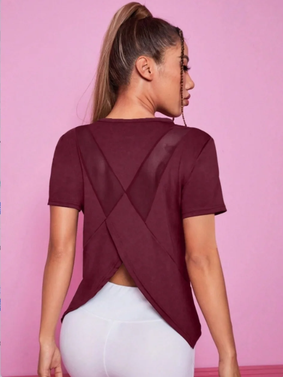 Yoga outfit women's summer sports T-shirt loose breathable quick drying top mesh back training fitness short sleeved