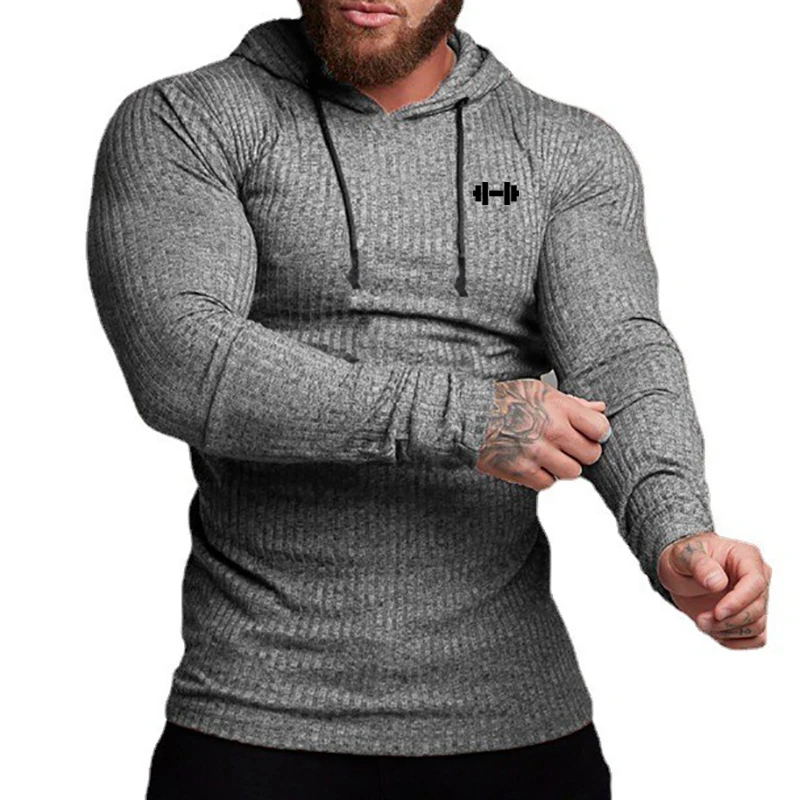 Autumn Breathable Quick Dry Knitted Hooded Shirt Men Fitness Sport Long Sleeve Hoodie Gym Bodybuilding Muscle Slim Fit Pullovers