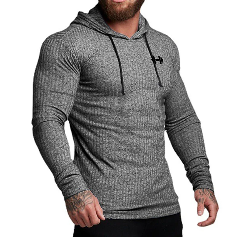 Autumn Breathable Quick Dry Knitted Hooded Shirt Men Fitness Sport Long Sleeve Hoodie Gym Bodybuilding Muscle Slim Fit Pullovers