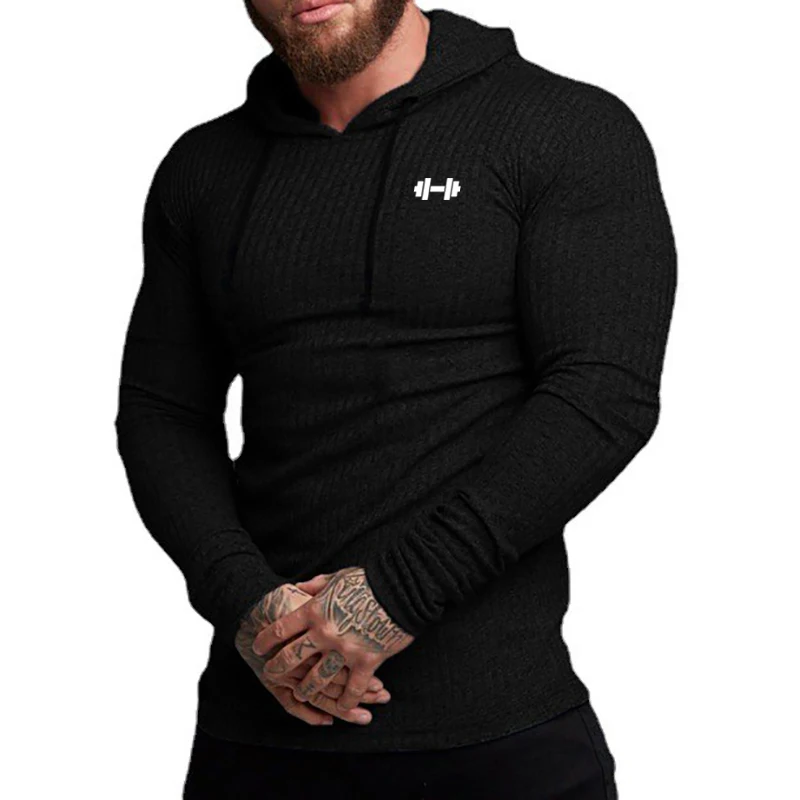 Autumn Breathable Quick Dry Knitted Hooded Shirt Men Fitness Sport Long Sleeve Hoodie Gym Bodybuilding Muscle Slim Fit Pullovers