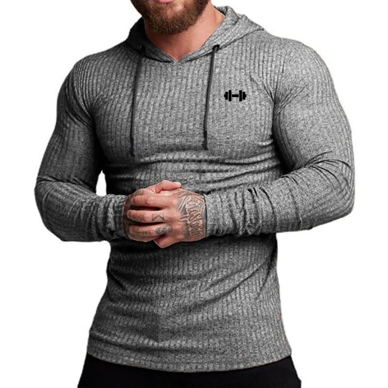 Autumn Breathable Quick Dry Knitted Hooded Shirt Men Fitness Sport Long Sleeve Hoodie Gym Bodybuilding Muscle Slim Fit Pullovers