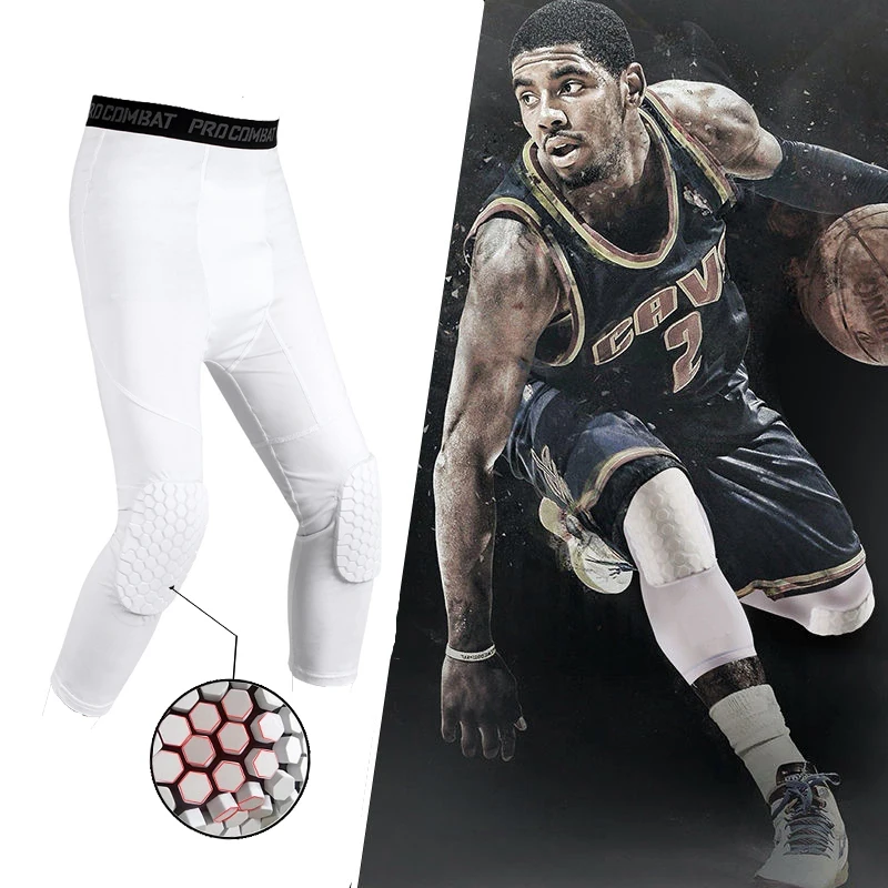 Men's Sports Running Tights Anti-Collision Knee Pad Compression Pants Quick Dry High Elastic Gym Fitness Training Leggings 3/4
