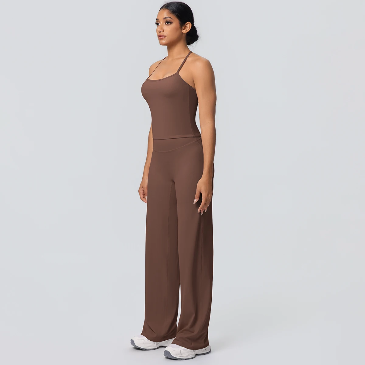 2Pieces Solid Color Gym Sports Yoga Set for Women Sexy Beautiful Back Strap Vest Workout Top Breathable Wide Leg Pants Yoga Suit