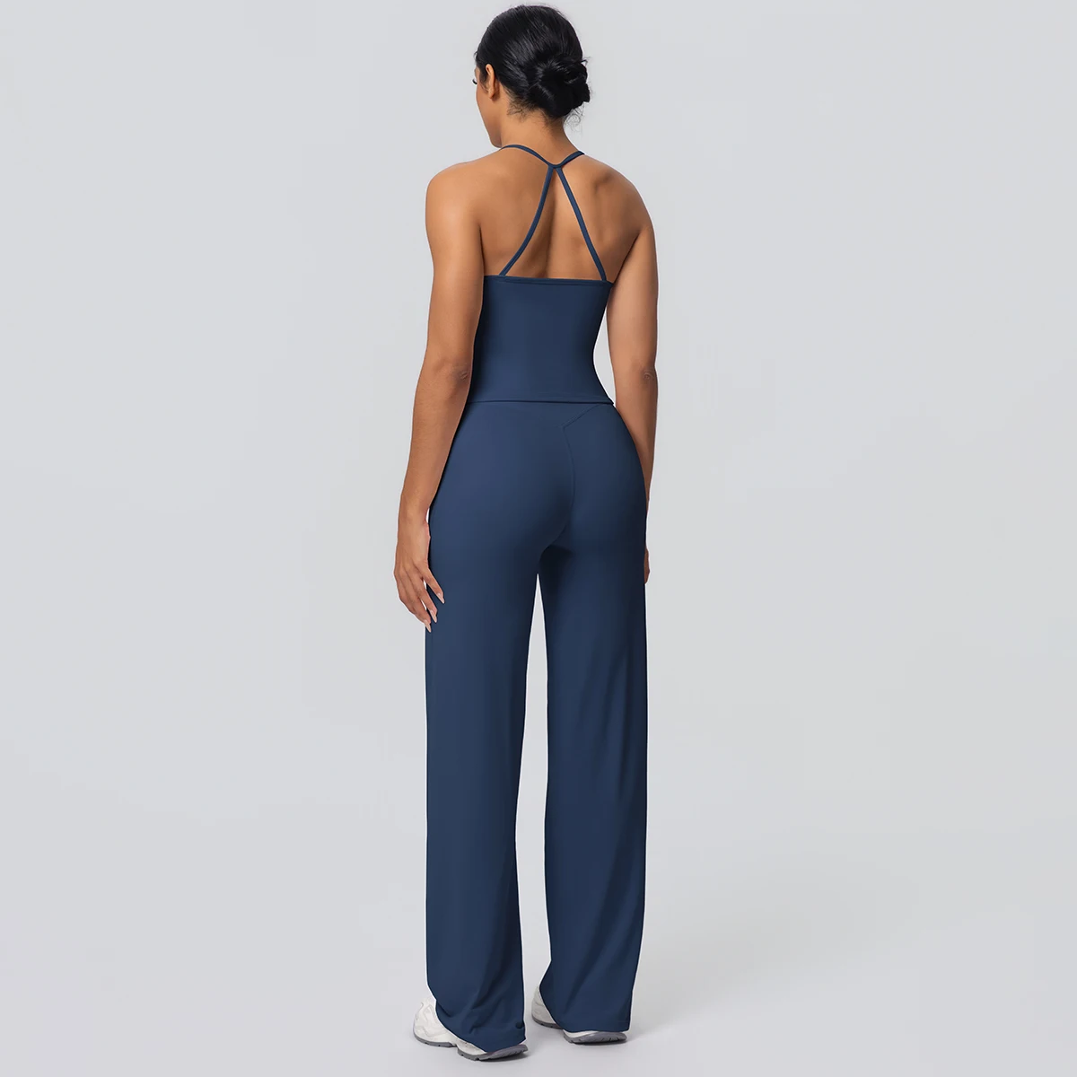 2Pieces Solid Color Gym Sports Yoga Set for Women Sexy Beautiful Back Strap Vest Workout Top Breathable Wide Leg Pants Yoga Suit