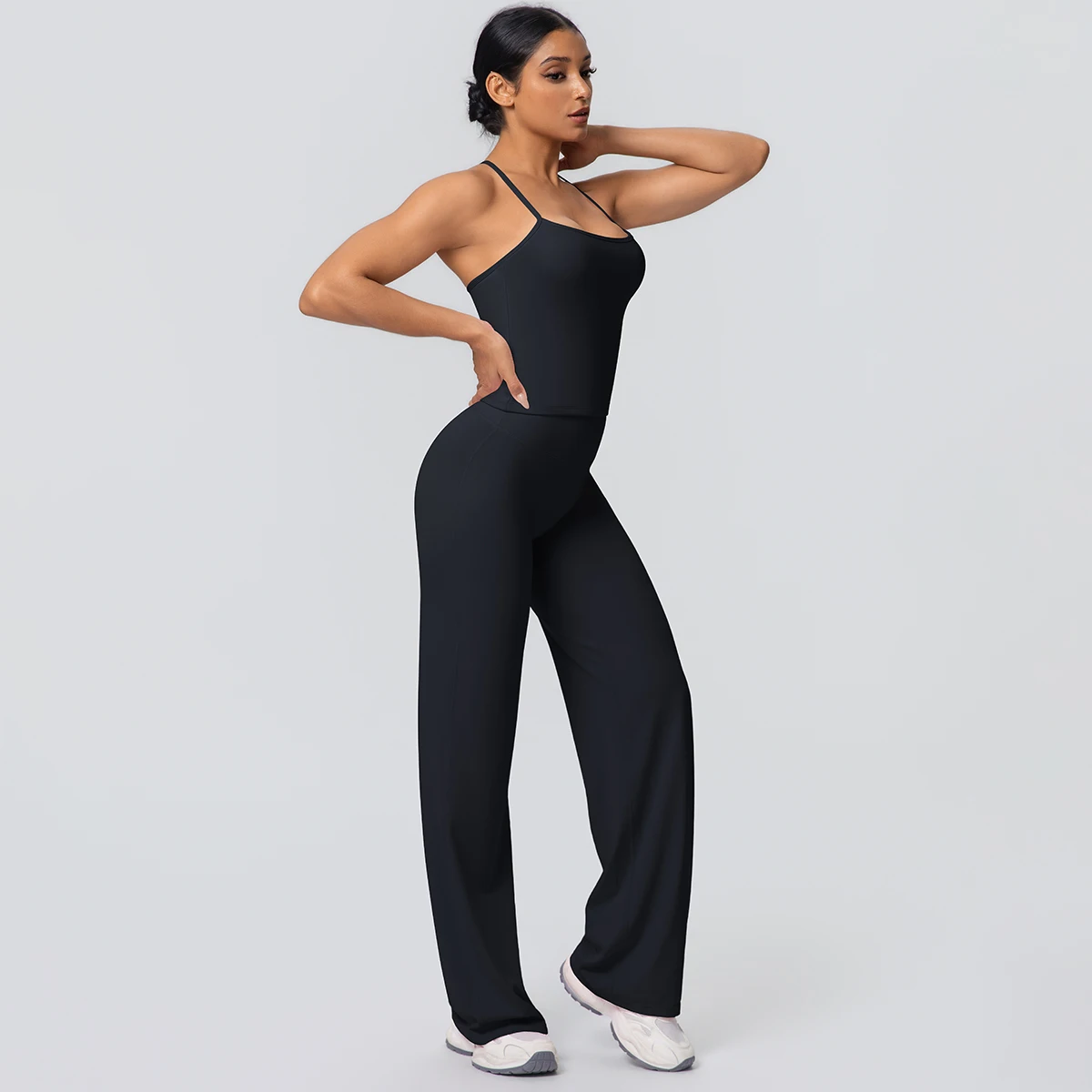 2Pieces Solid Color Gym Sports Yoga Set for Women Sexy Beautiful Back Strap Vest Workout Top Breathable Wide Leg Pants Yoga Suit