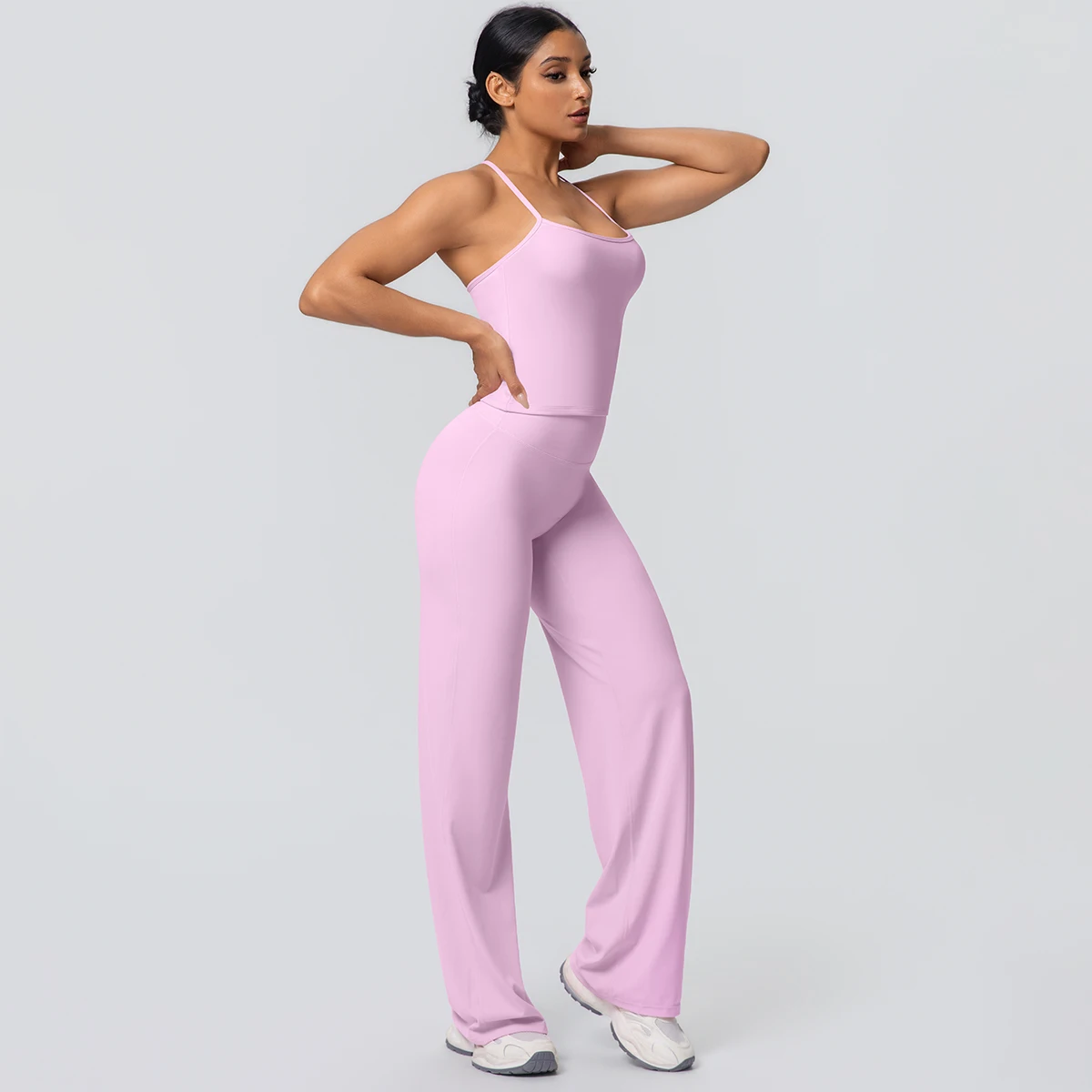 2Pieces Solid Color Gym Sports Yoga Set for Women Sexy Beautiful Back Strap Vest Workout Top Breathable Wide Leg Pants Yoga Suit
