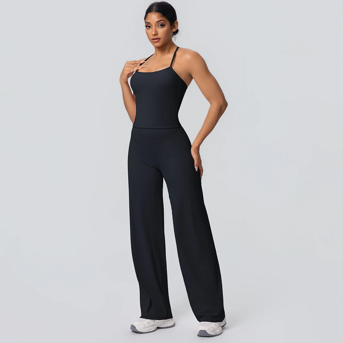 2Pieces Solid Color Gym Sports Yoga Set for Women Sexy Beautiful Back Strap Vest Workout Top Breathable Wide Leg Pants Yoga Suit