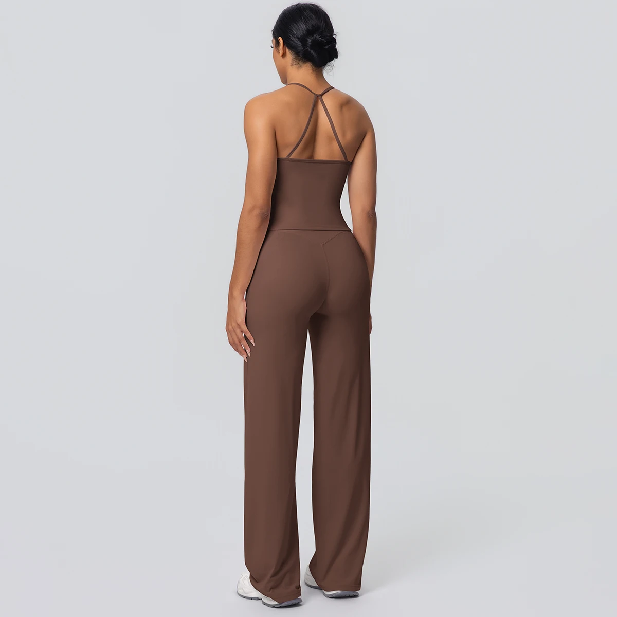 2Pieces Solid Color Gym Sports Yoga Set for Women Sexy Beautiful Back Strap Vest Workout Top Breathable Wide Leg Pants Yoga Suit