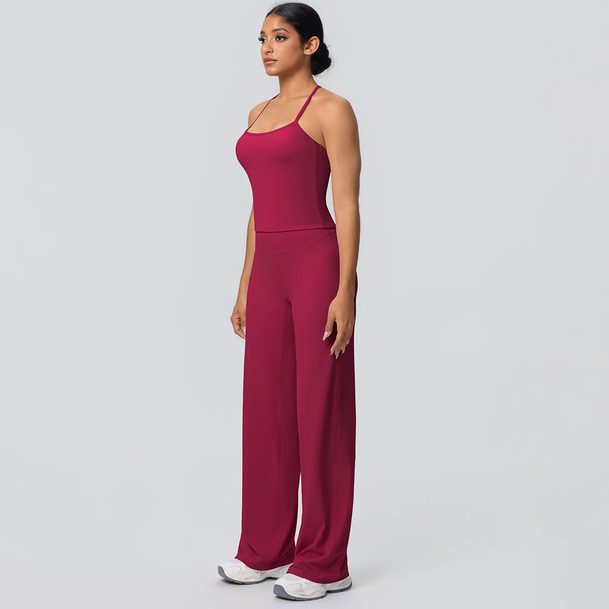 2Pieces Solid Color Gym Sports Yoga Set for Women Sexy Beautiful Back Strap Vest Workout Top Breathable Wide Leg Pants Yoga Suit
