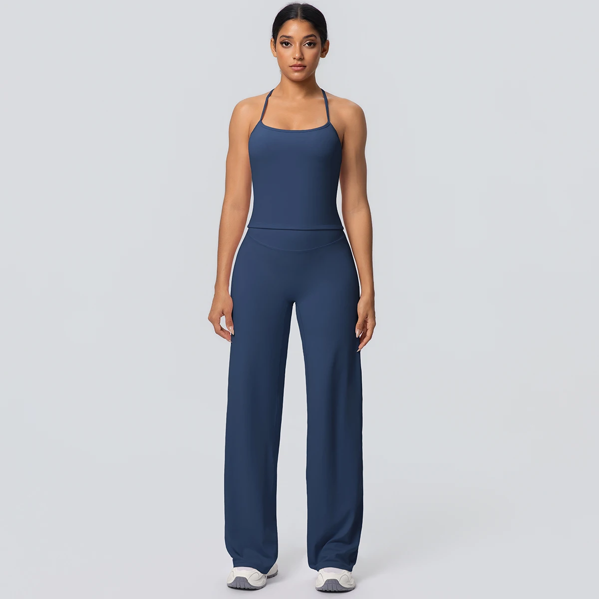 2Pieces Solid Color Gym Sports Yoga Set for Women Sexy Beautiful Back Strap Vest Workout Top Breathable Wide Leg Pants Yoga Suit