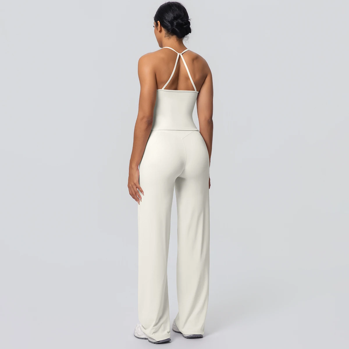 2Pieces Solid Color Gym Sports Yoga Set for Women Sexy Beautiful Back Strap Vest Workout Top Breathable Wide Leg Pants Yoga Suit