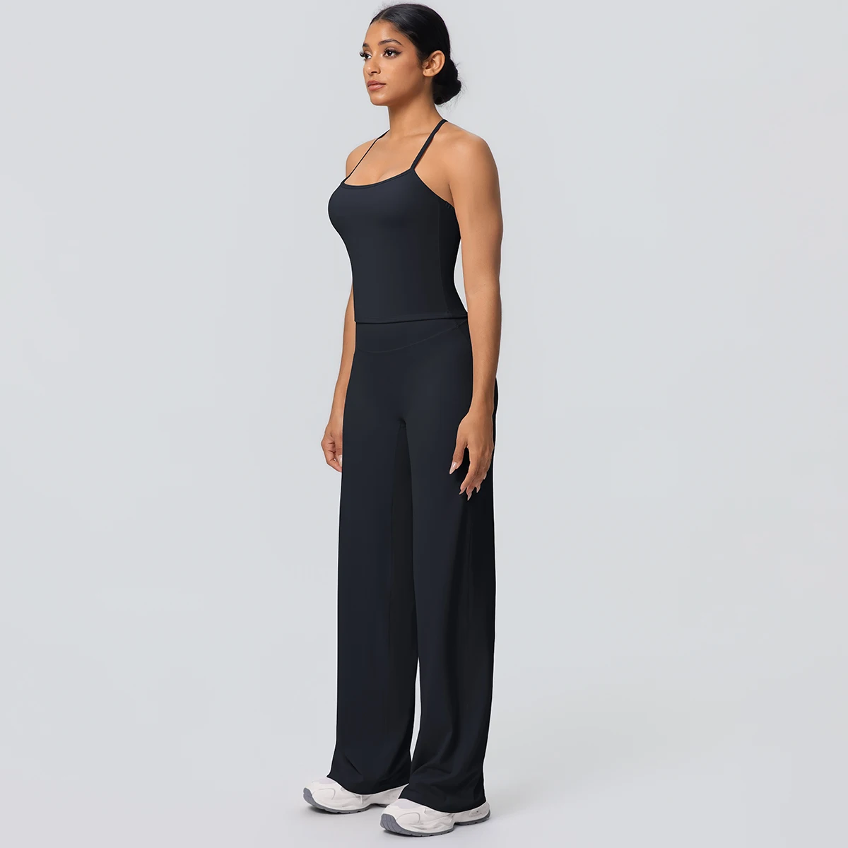2Pieces Solid Color Gym Sports Yoga Set for Women Sexy Beautiful Back Strap Vest Workout Top Breathable Wide Leg Pants Yoga Suit