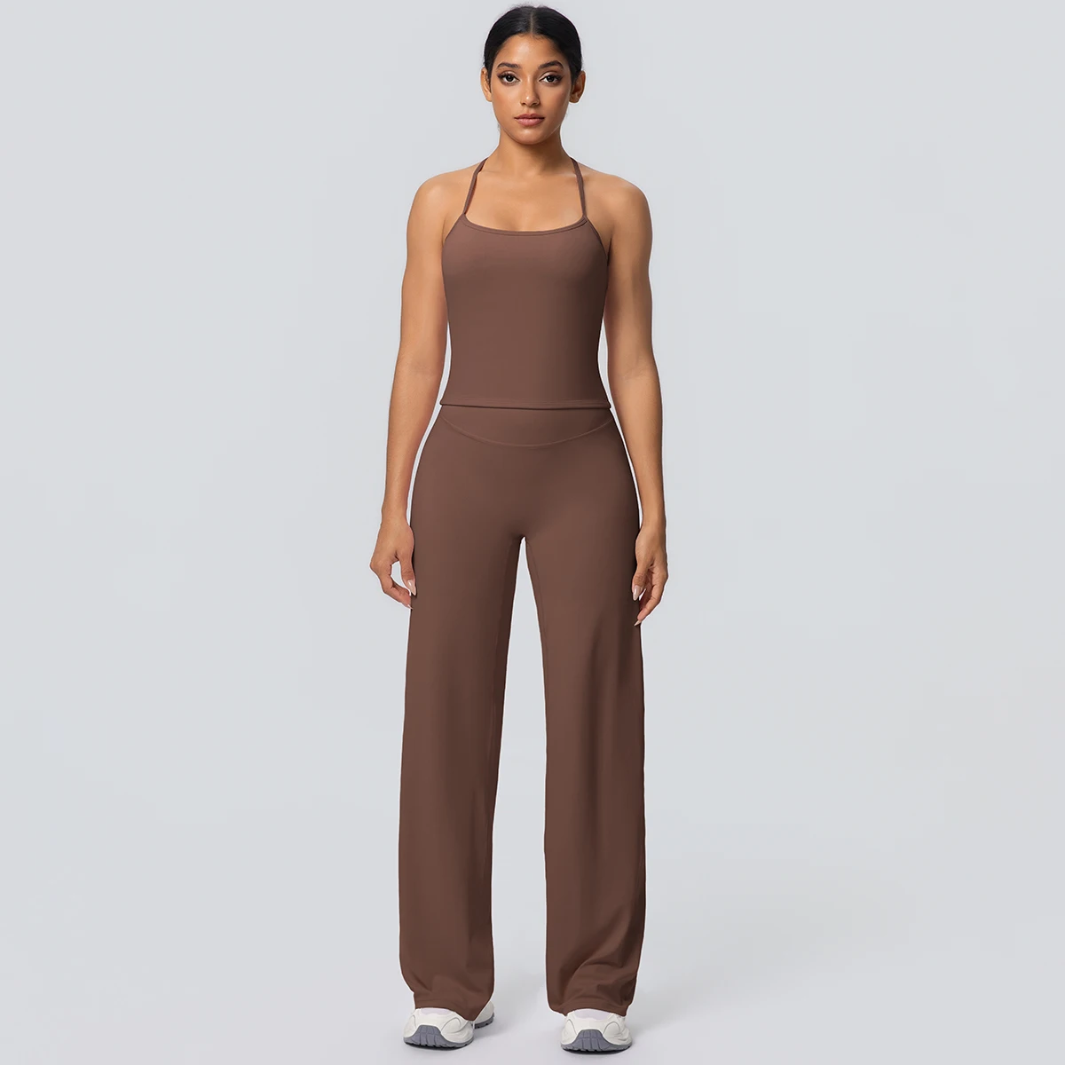 2Pieces Solid Color Gym Sports Yoga Set for Women Sexy Beautiful Back Strap Vest Workout Top Breathable Wide Leg Pants Yoga Suit