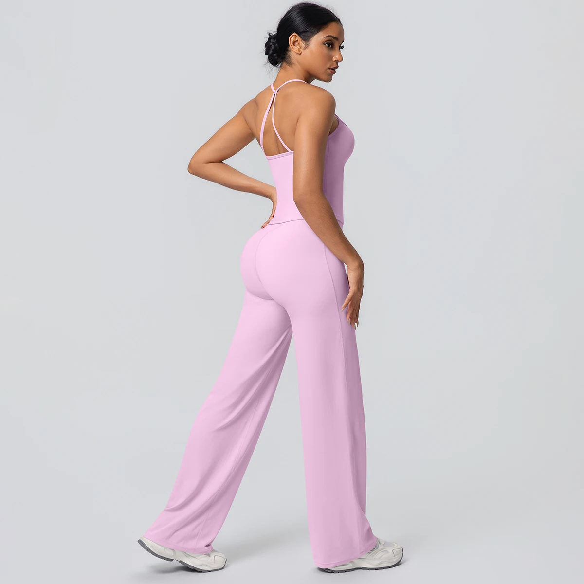 2Pieces Solid Color Gym Sports Yoga Set for Women Sexy Beautiful Back Strap Vest Workout Top Breathable Wide Leg Pants Yoga Suit