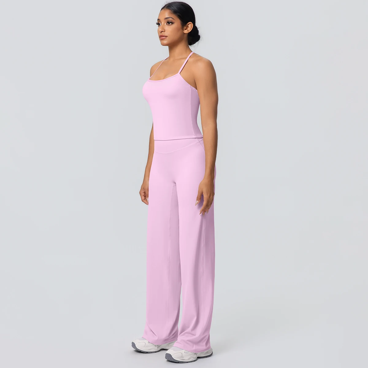 2Pieces Solid Color Gym Sports Yoga Set for Women Sexy Beautiful Back Strap Vest Workout Top Breathable Wide Leg Pants Yoga Suit