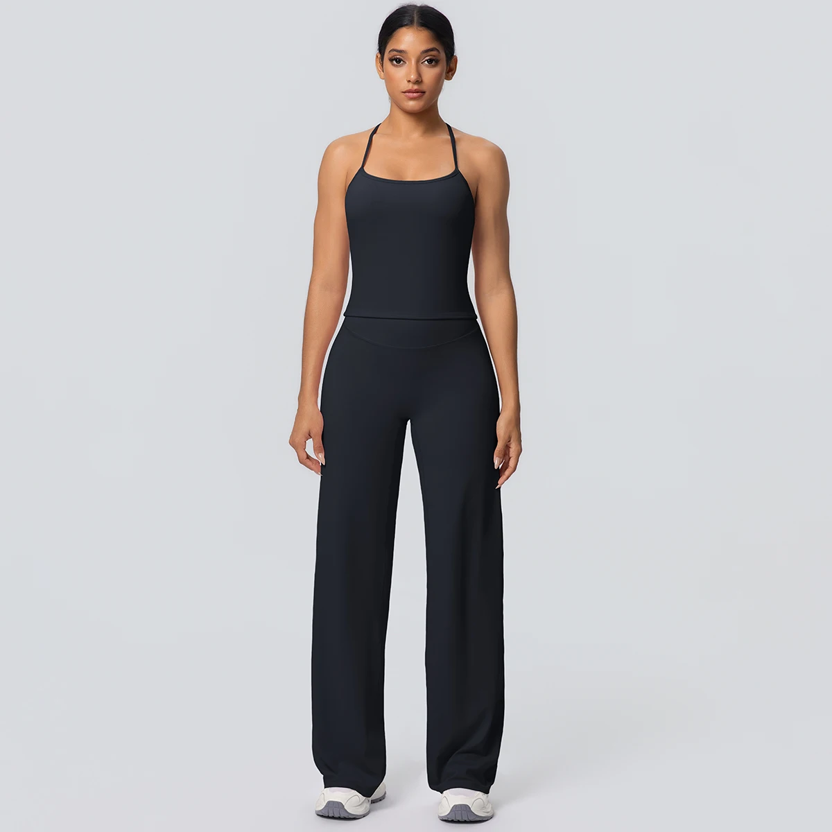 2Pieces Solid Color Gym Sports Yoga Set for Women Sexy Beautiful Back Strap Vest Workout Top Breathable Wide Leg Pants Yoga Suit