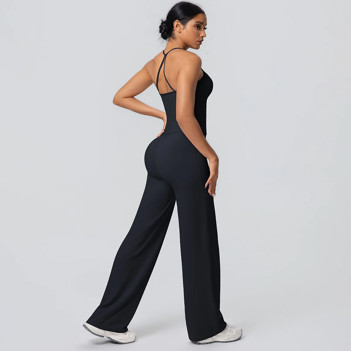 2Pieces Solid Color Gym Sports Yoga Set for Women Sexy Beautiful Back Strap Vest Workout Top Breathable Wide Leg Pants Yoga Suit