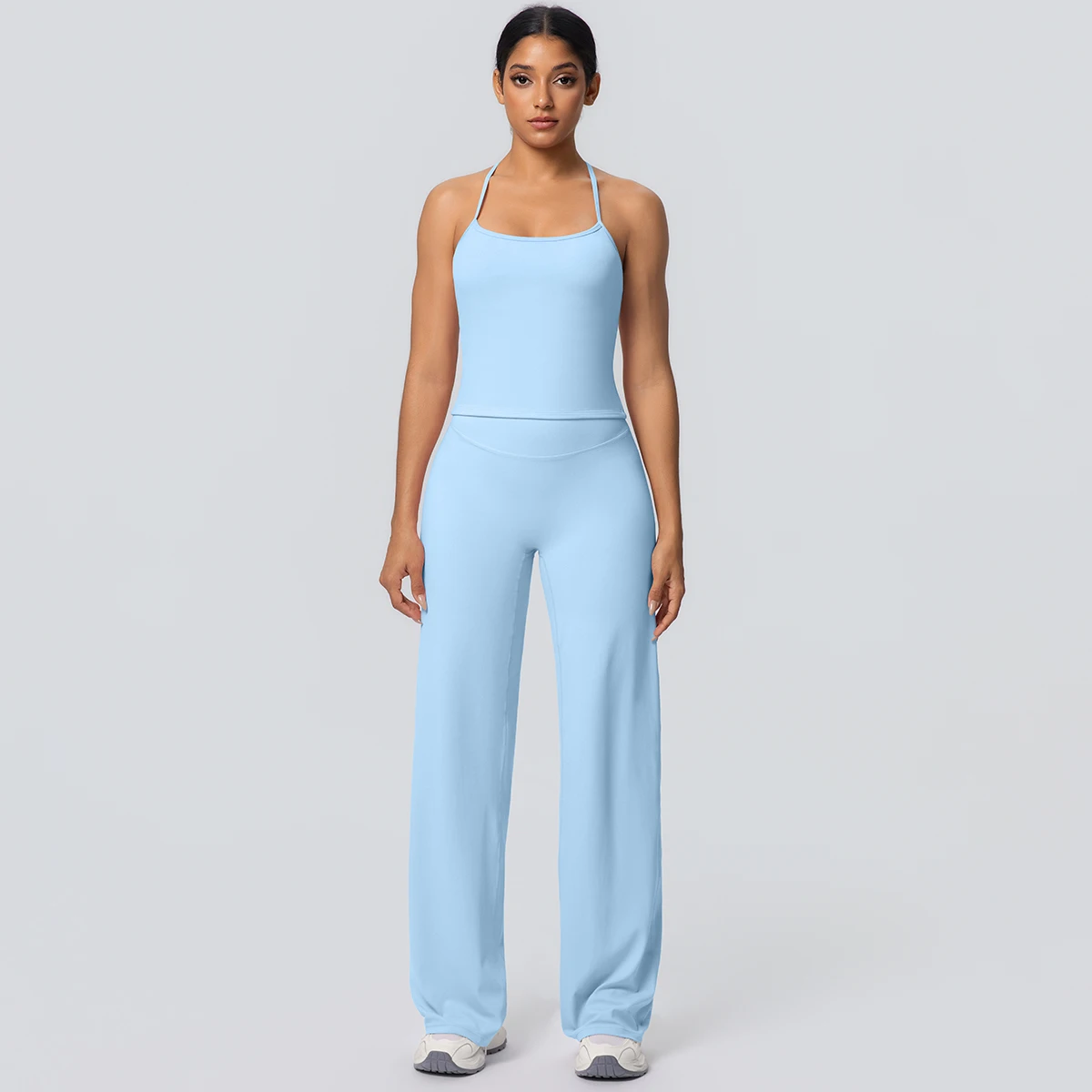 2Pieces Solid Color Gym Sports Yoga Set for Women Sexy Beautiful Back Strap Vest Workout Top Breathable Wide Leg Pants Yoga Suit