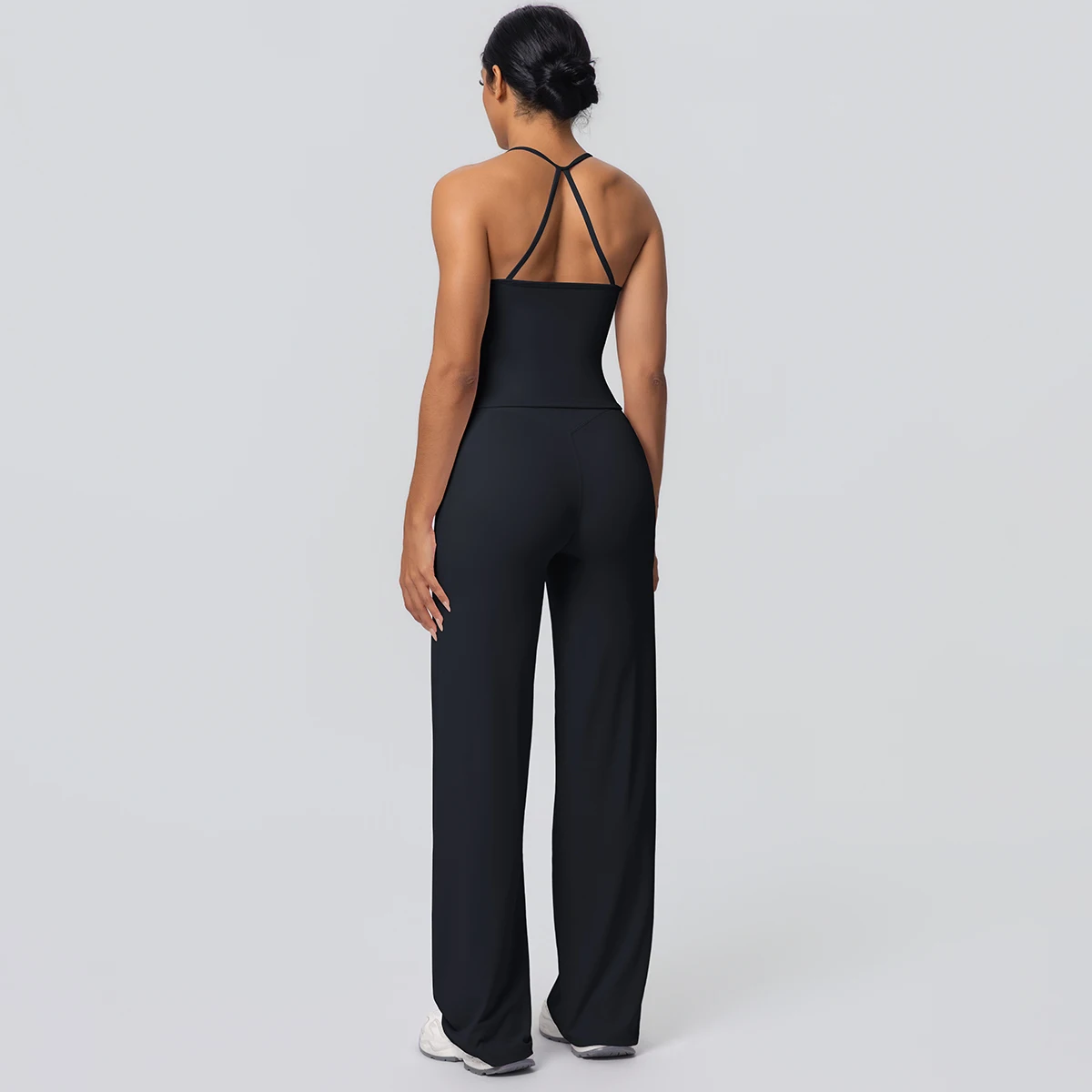 2Pieces Solid Color Gym Sports Yoga Set for Women Sexy Beautiful Back Strap Vest Workout Top Breathable Wide Leg Pants Yoga Suit