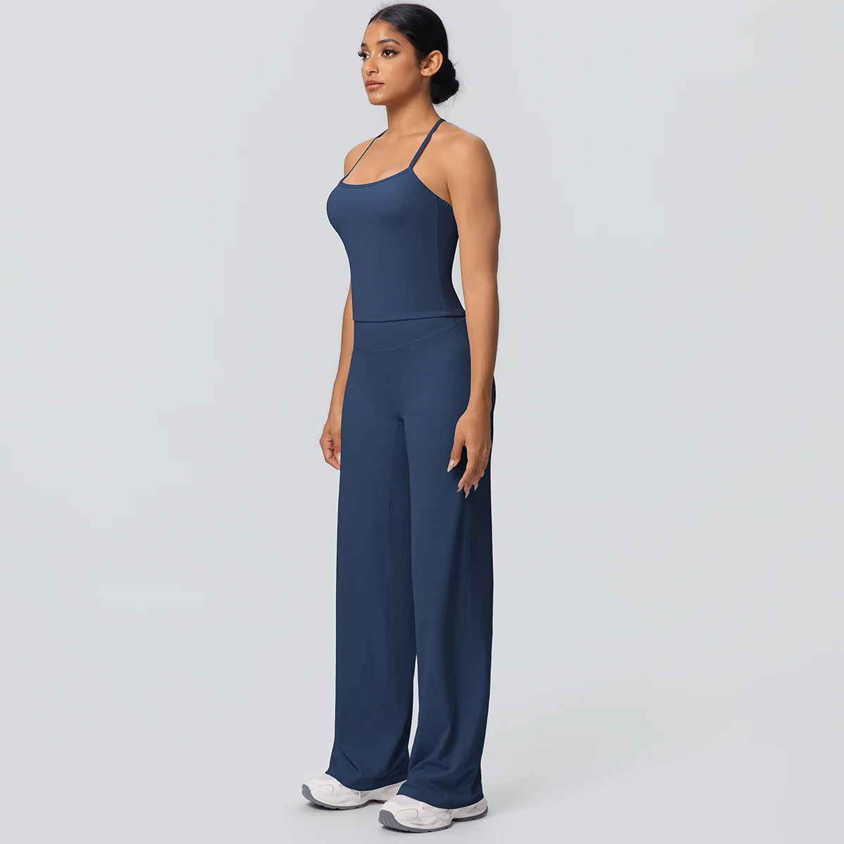 2Pieces Solid Color Gym Sports Yoga Set for Women Sexy Beautiful Back Strap Vest Workout Top Breathable Wide Leg Pants Yoga Suit