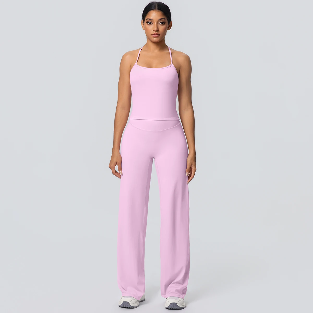 2Pieces Solid Color Gym Sports Yoga Set for Women Sexy Beautiful Back Strap Vest Workout Top Breathable Wide Leg Pants Yoga Suit