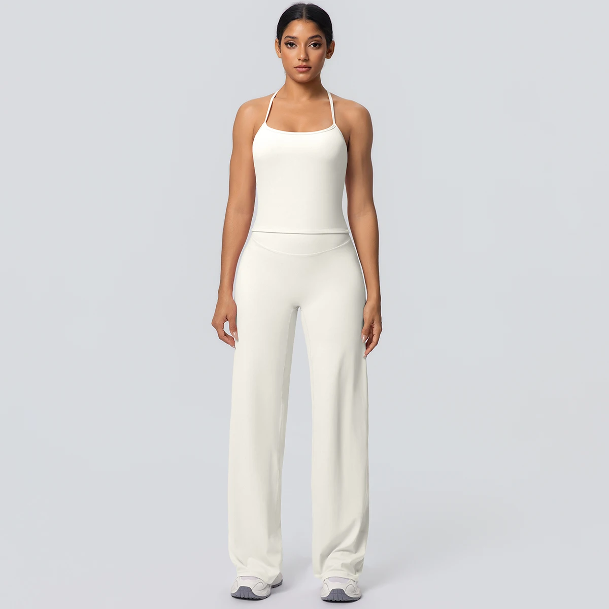 2Pieces Solid Color Gym Sports Yoga Set for Women Sexy Beautiful Back Strap Vest Workout Top Breathable Wide Leg Pants Yoga Suit